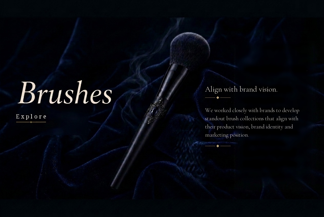 An heirloom cruelty-free cosmetic brush with an ornate jeweled handle resting on midnight velvet, with the words Brushes and Align with brand vision