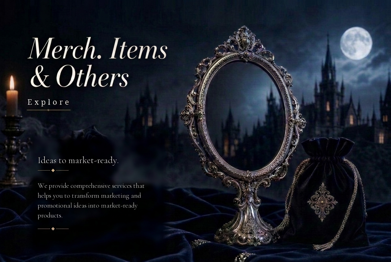 A moonlit vanity still life of mirrors, pouches and silicone objects in gothic couture styling